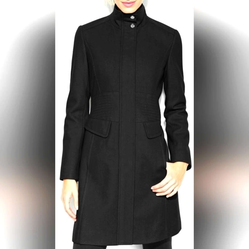 Stunning Kenneth Cole NY Black Stand Collar Wool Blend Walker Coat